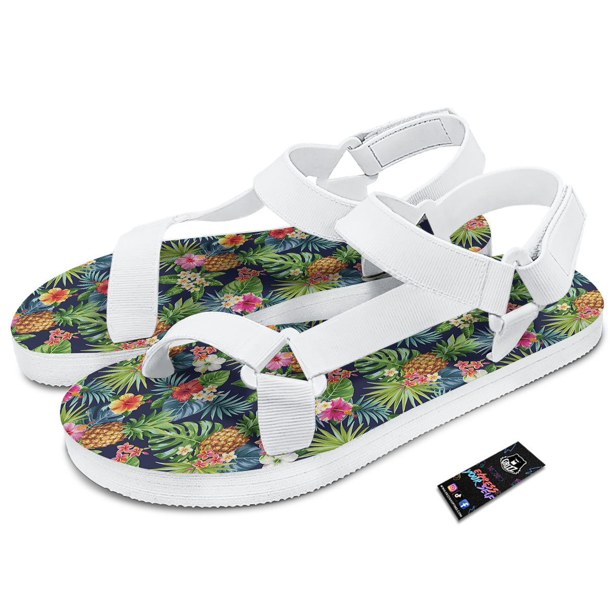 Pineapple Palm Leaf Print Pattern White Open Toe Sandals-grizzshop