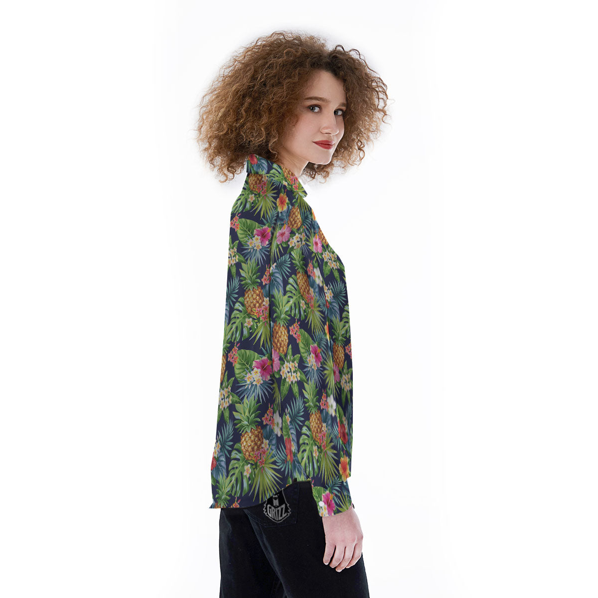 Pineapple Palm Leaf Print Pattern Women's Long Sleeve Shirts-grizzshop
