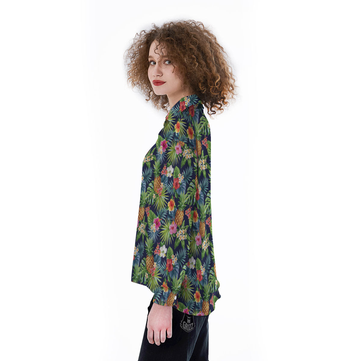 Pineapple Palm Leaf Print Pattern Women's Long Sleeve Shirts-grizzshop