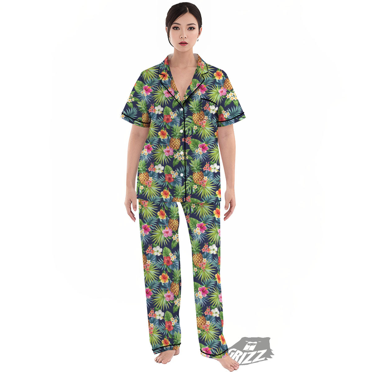 Pineapple Palm Leaf Print Pattern Women's Pajamas Set-grizzshop
