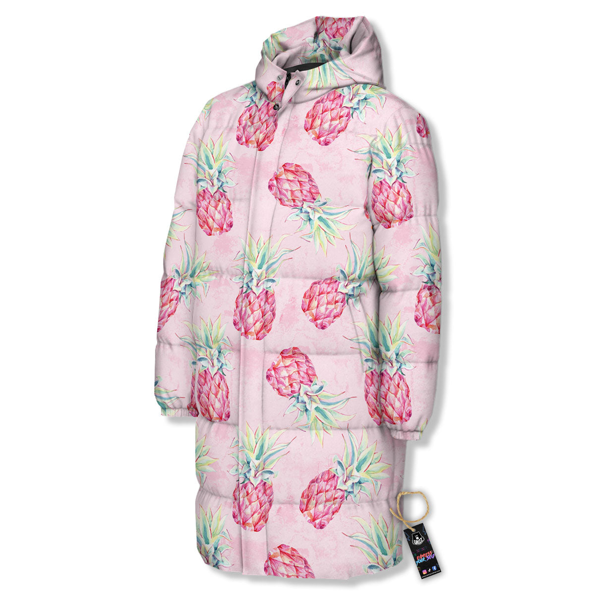 Pineapple Pastel Pink Print Pattern Long Down Jacket-grizzshop