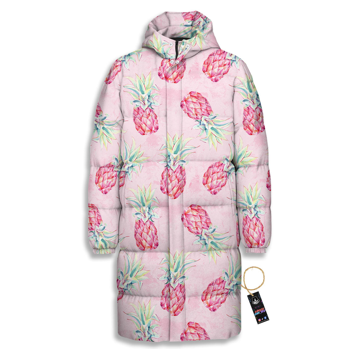 Pineapple Pastel Pink Print Pattern Long Down Jacket-grizzshop