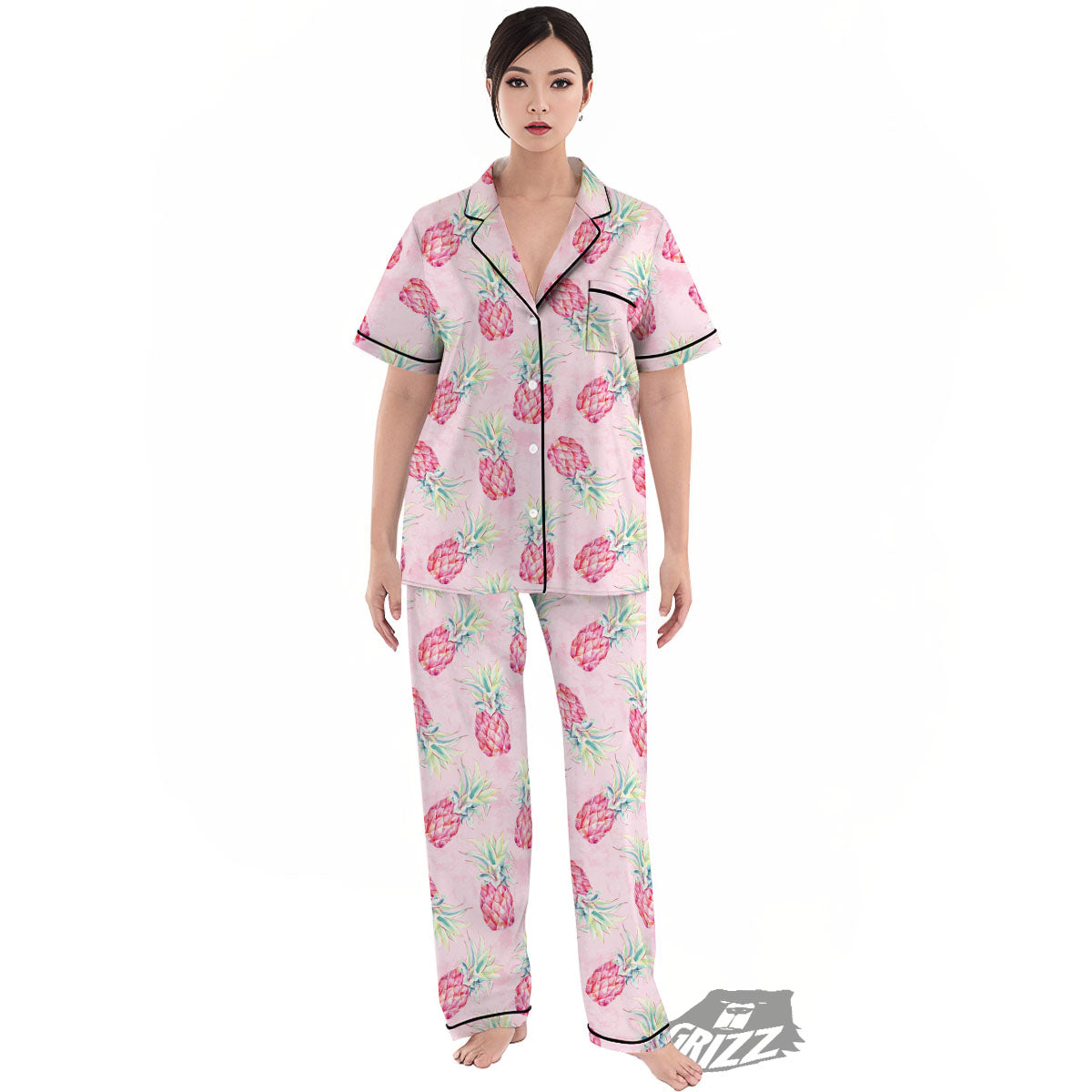Pineapple Pastel Pink Print Pattern Women's Pajamas Set-grizzshop