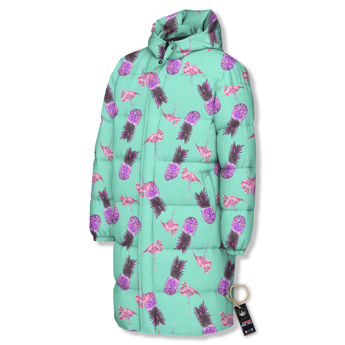 Pineapple Pastel Turquoise Print Pattern Long Down Jacket-grizzshop