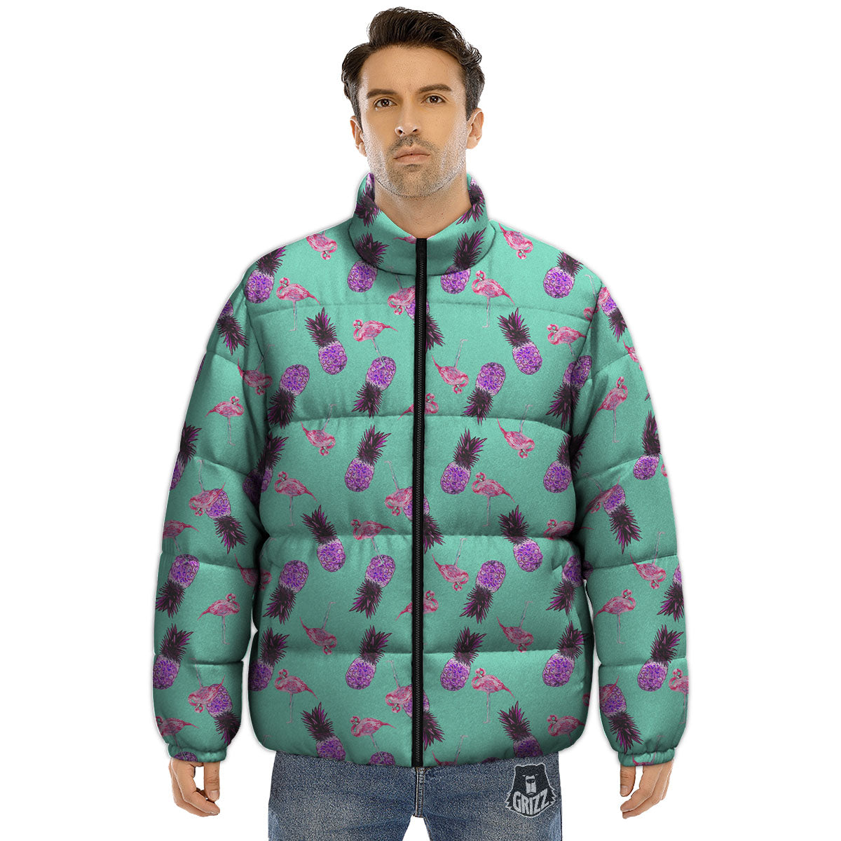 Pineapple Pastel Turquoise Print Pattern Puffer Jacket-grizzshop
