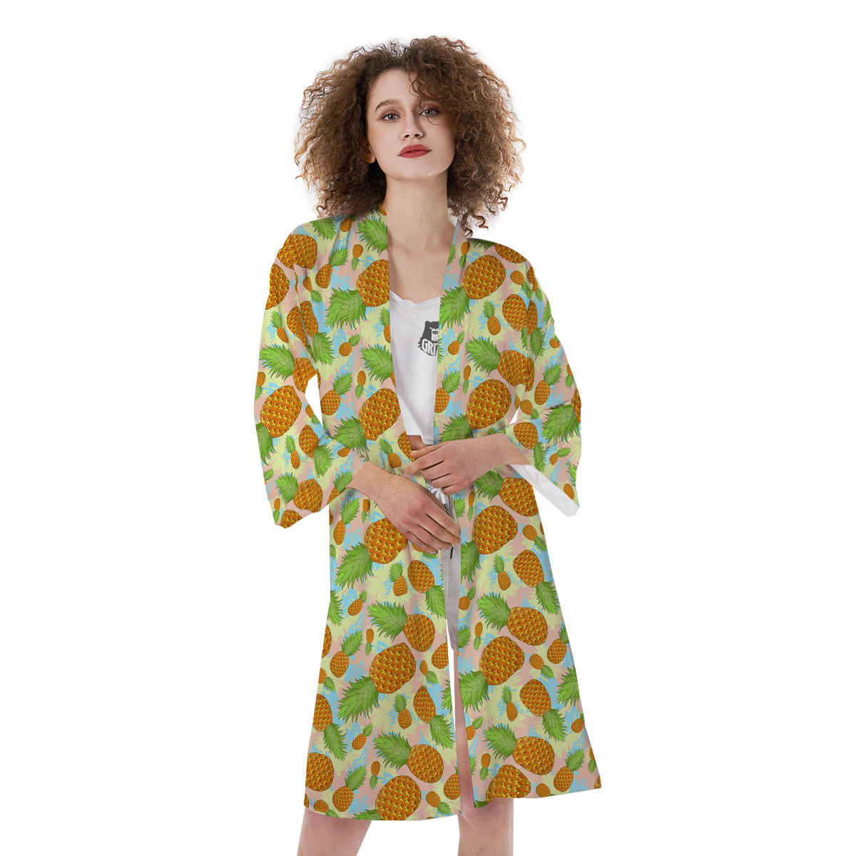Pineapple Pastel Yellow Print Pattern Kimono-grizzshop