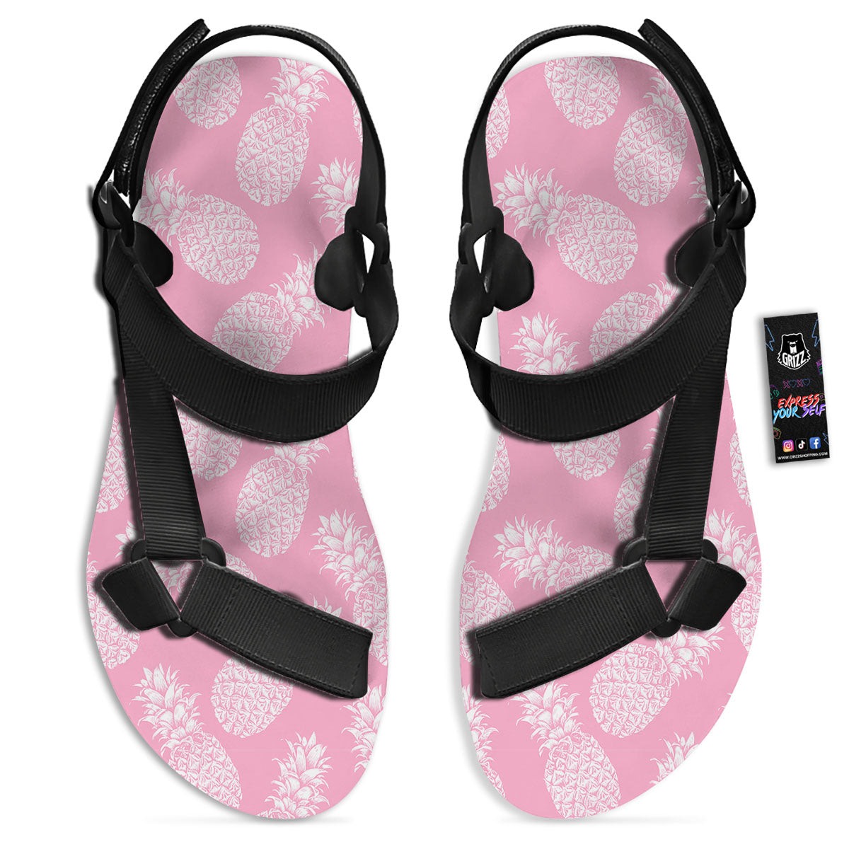 Pineapple Pink Print Pattern Black Open Toe Sandals-grizzshop
