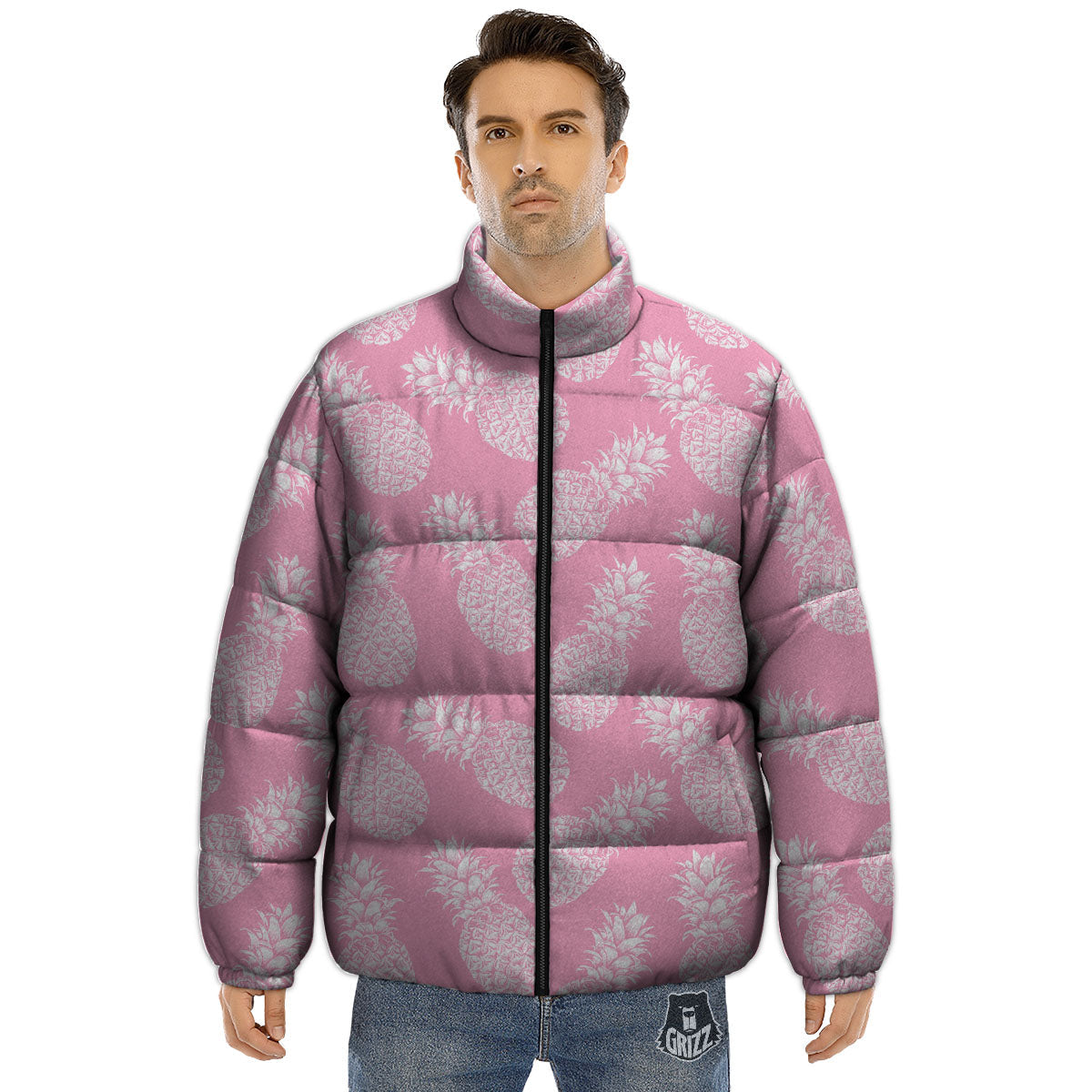 Pineapple Pink Print Pattern Puffer Jacket-grizzshop