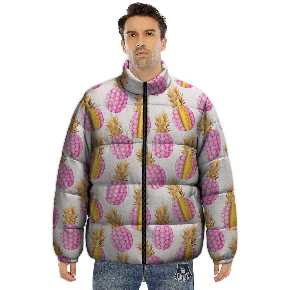 Pineapple Pink Vintage Print Pattern Puffer Jacket-grizzshop