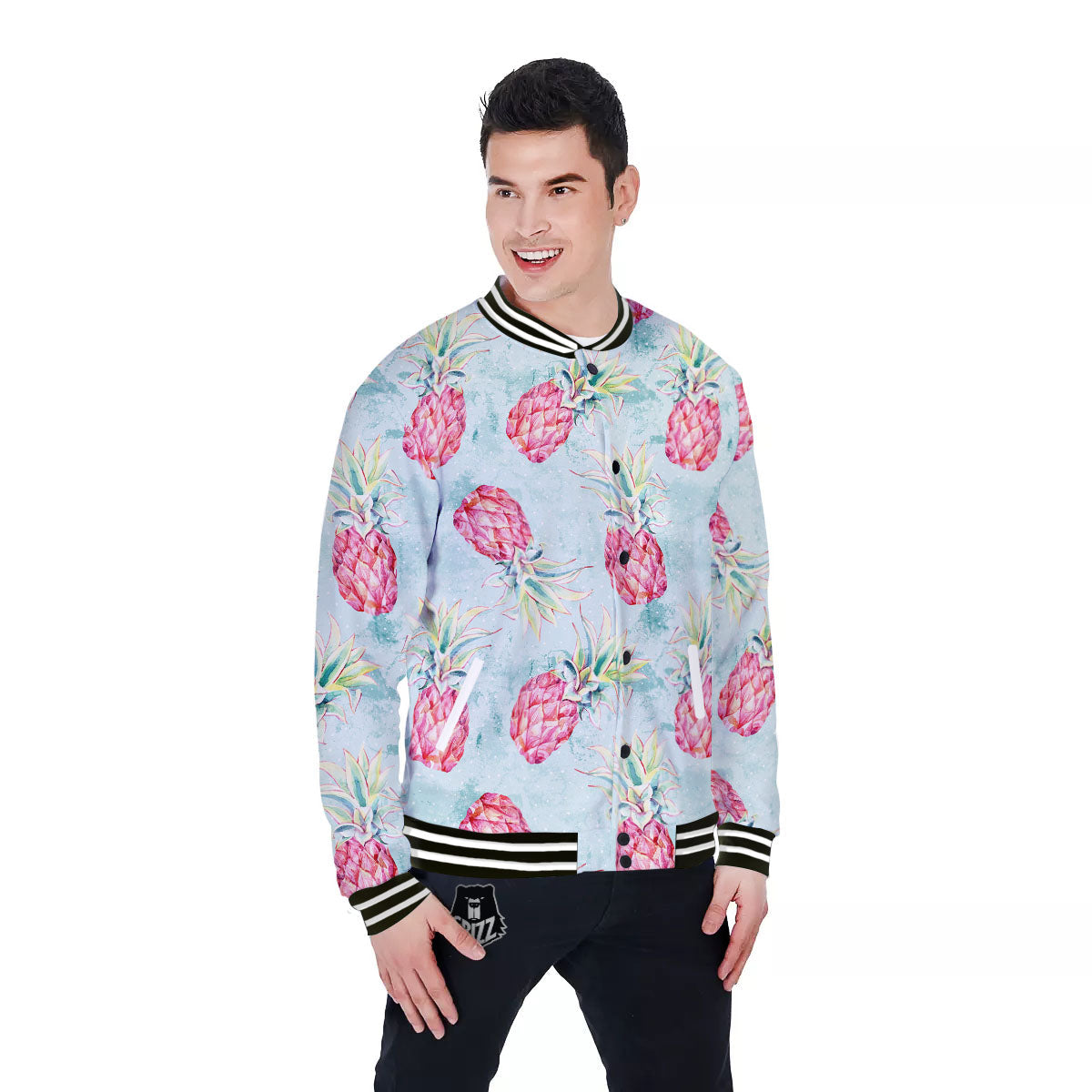 Pineapple Pink Watercolor Print Pattern Baseball Jacket-grizzshop