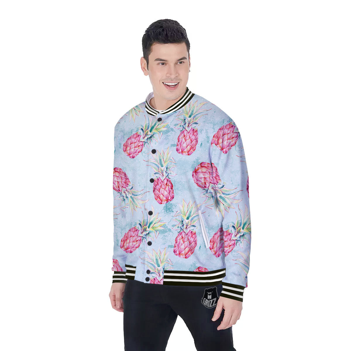 Pineapple Pink Watercolor Print Pattern Baseball Jacket-grizzshop