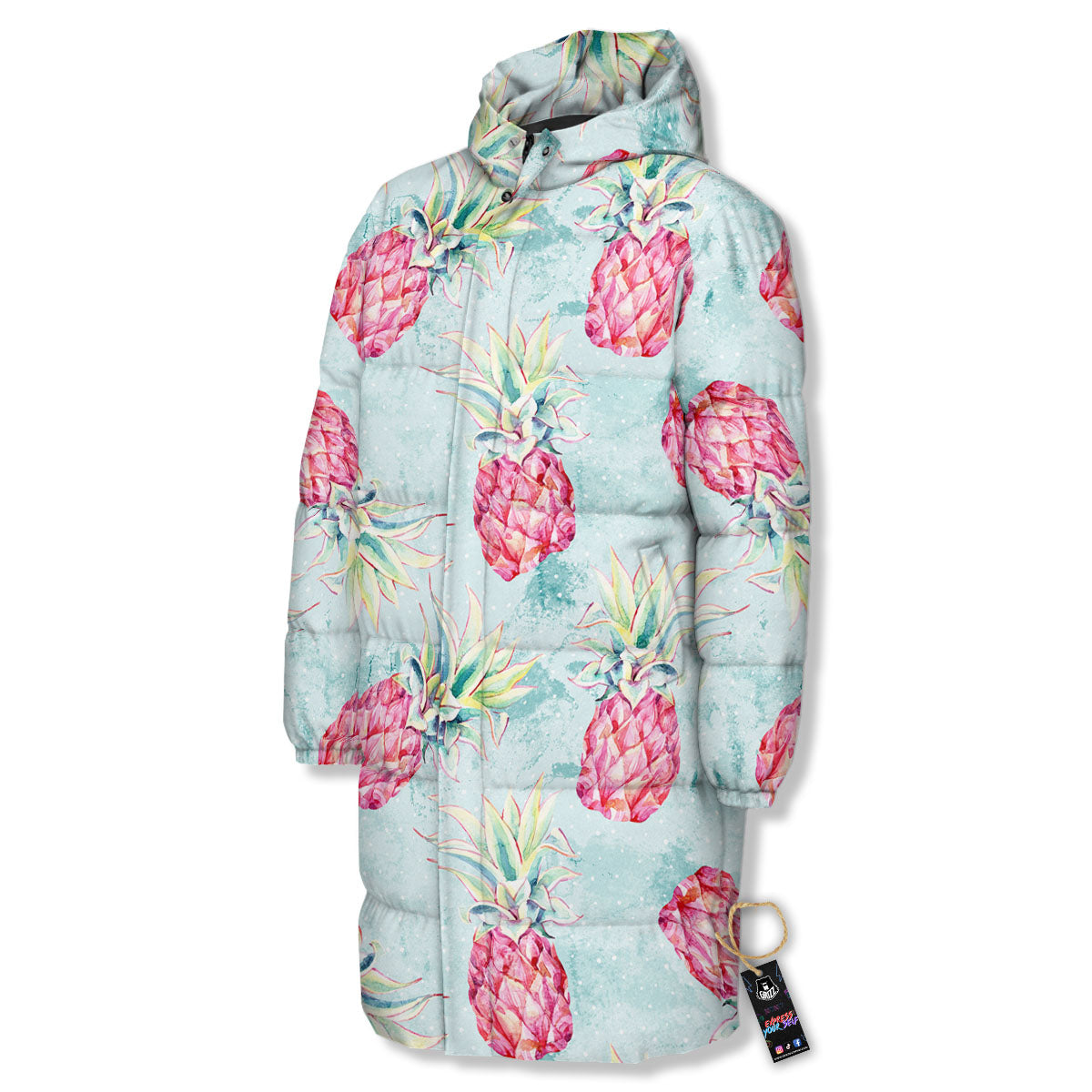 Pineapple Pink Watercolor Print Pattern Long Down Jacket-grizzshop