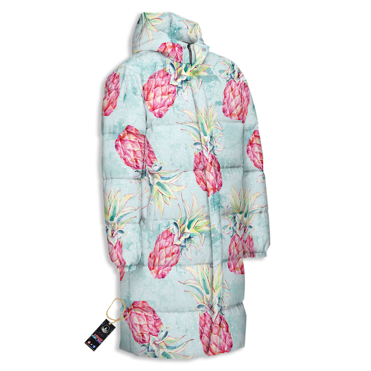 Pineapple Pink Watercolor Print Pattern Long Down Jacket-grizzshop