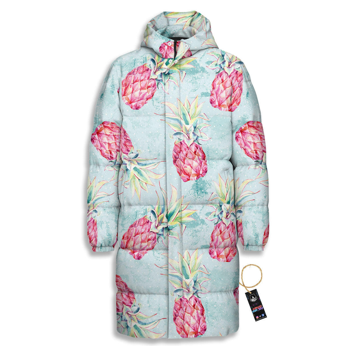 Pineapple Pink Watercolor Print Pattern Long Down Jacket-grizzshop