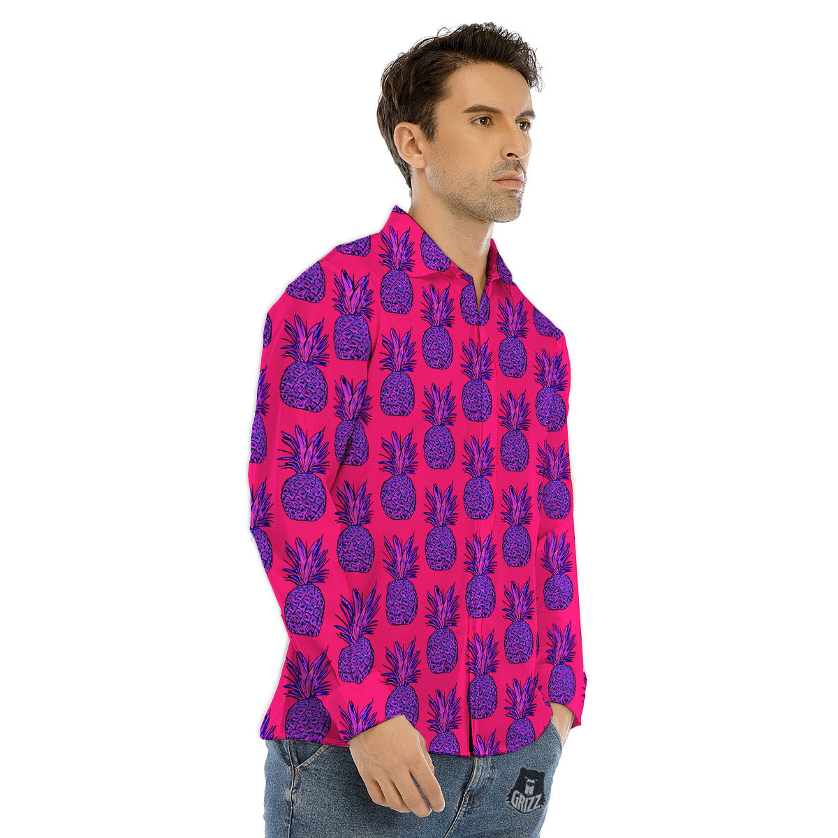 Pineapple Purple Print Pattern Men's Dress Shirts-grizzshop