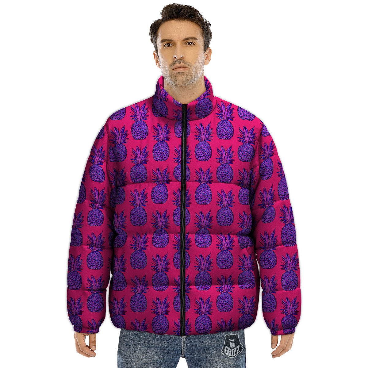 Pineapple Purple Print Pattern Puffer Jacket-grizzshop