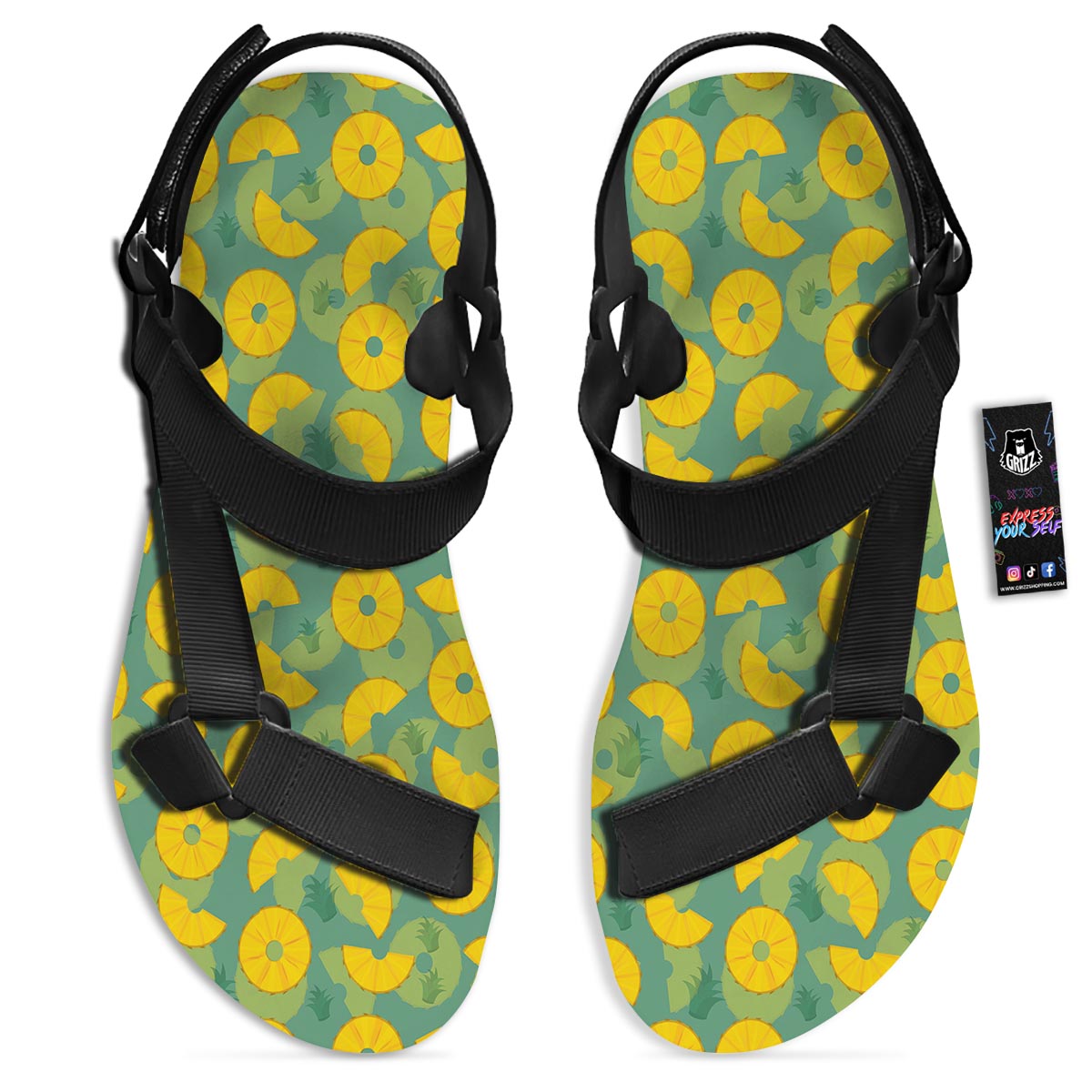 Pineapple Sliced Print Pattern Black Open Toe Sandals-grizzshop