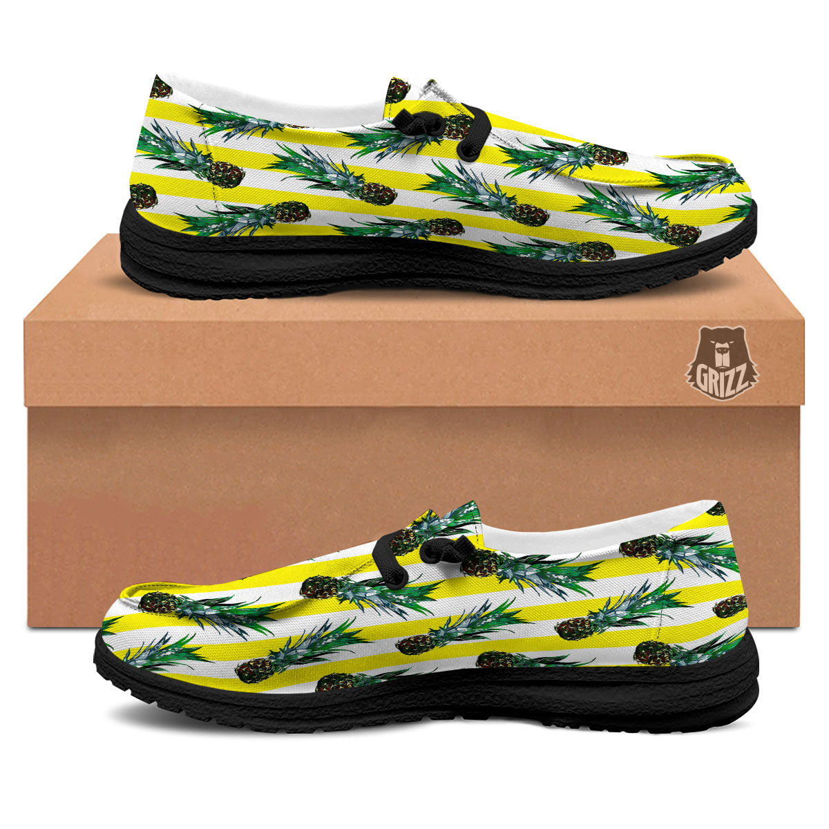 Pineapple Striped Yellow Print Pattern Black Loafers-grizzshop
