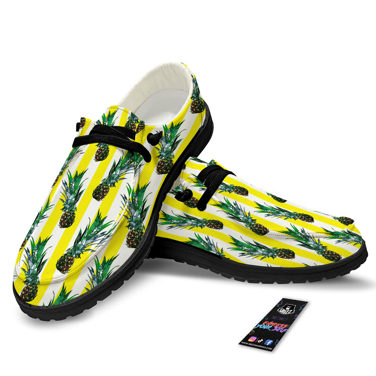 Pineapple Striped Yellow Print Pattern Black Loafers-grizzshop
