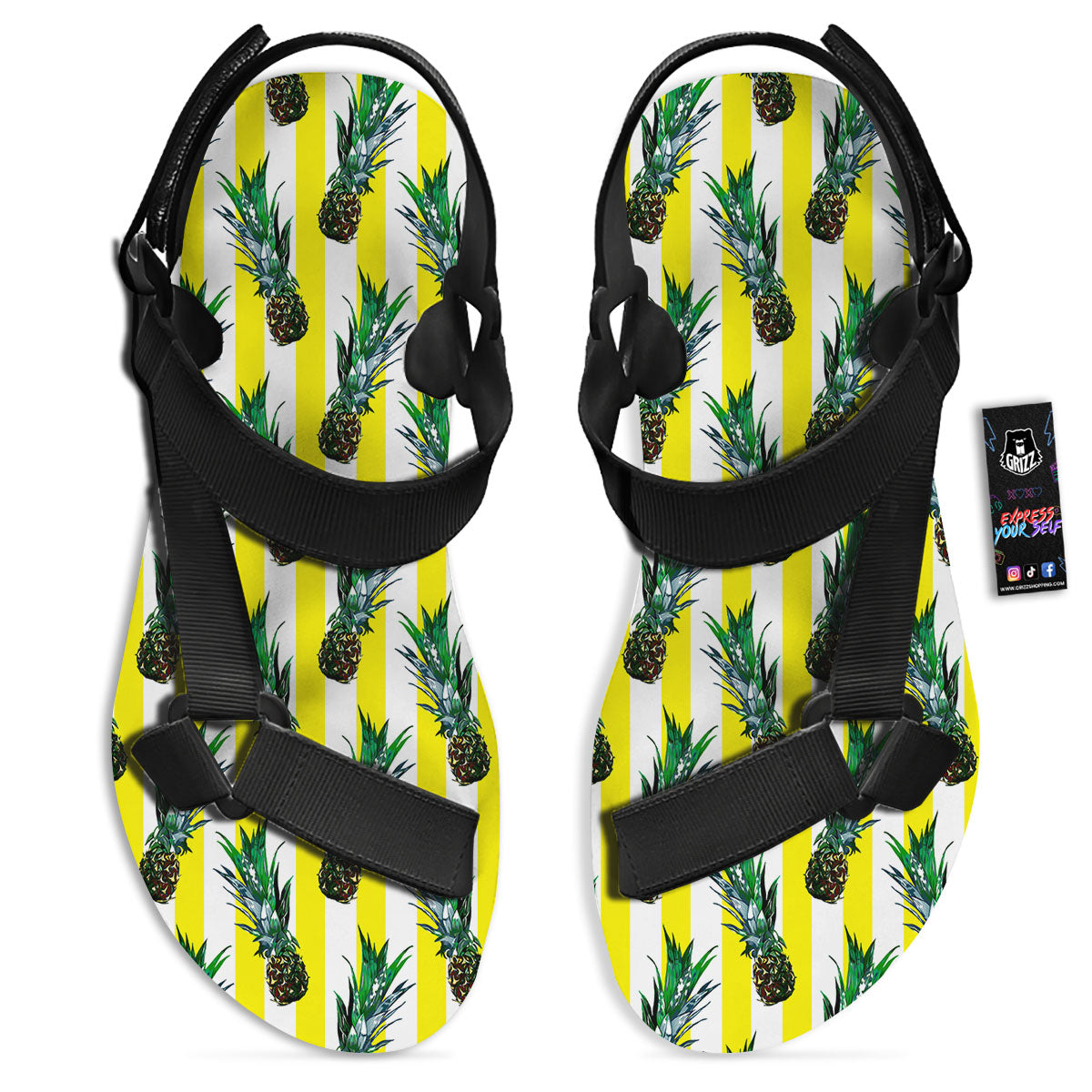 Pineapple Striped Yellow Print Pattern Black Open Toe Sandals-grizzshop