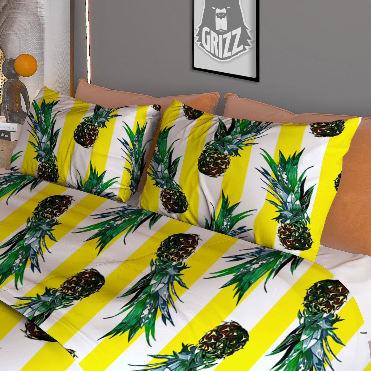 Pineapple Striped Yellow Print Pattern Duvet Cover Bedding Set