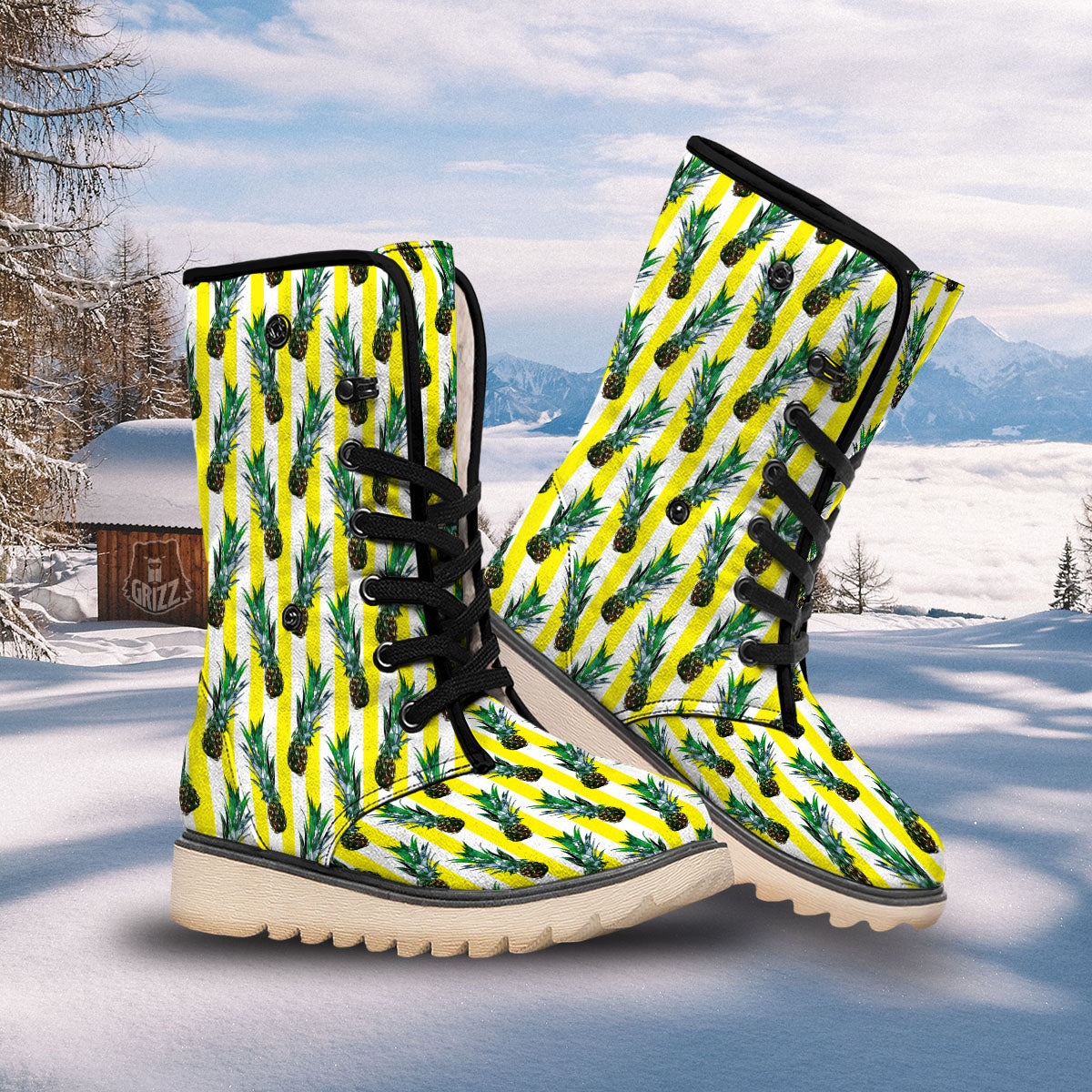 Pineapple Striped Yellow Print Pattern Snow Boots-grizzshop