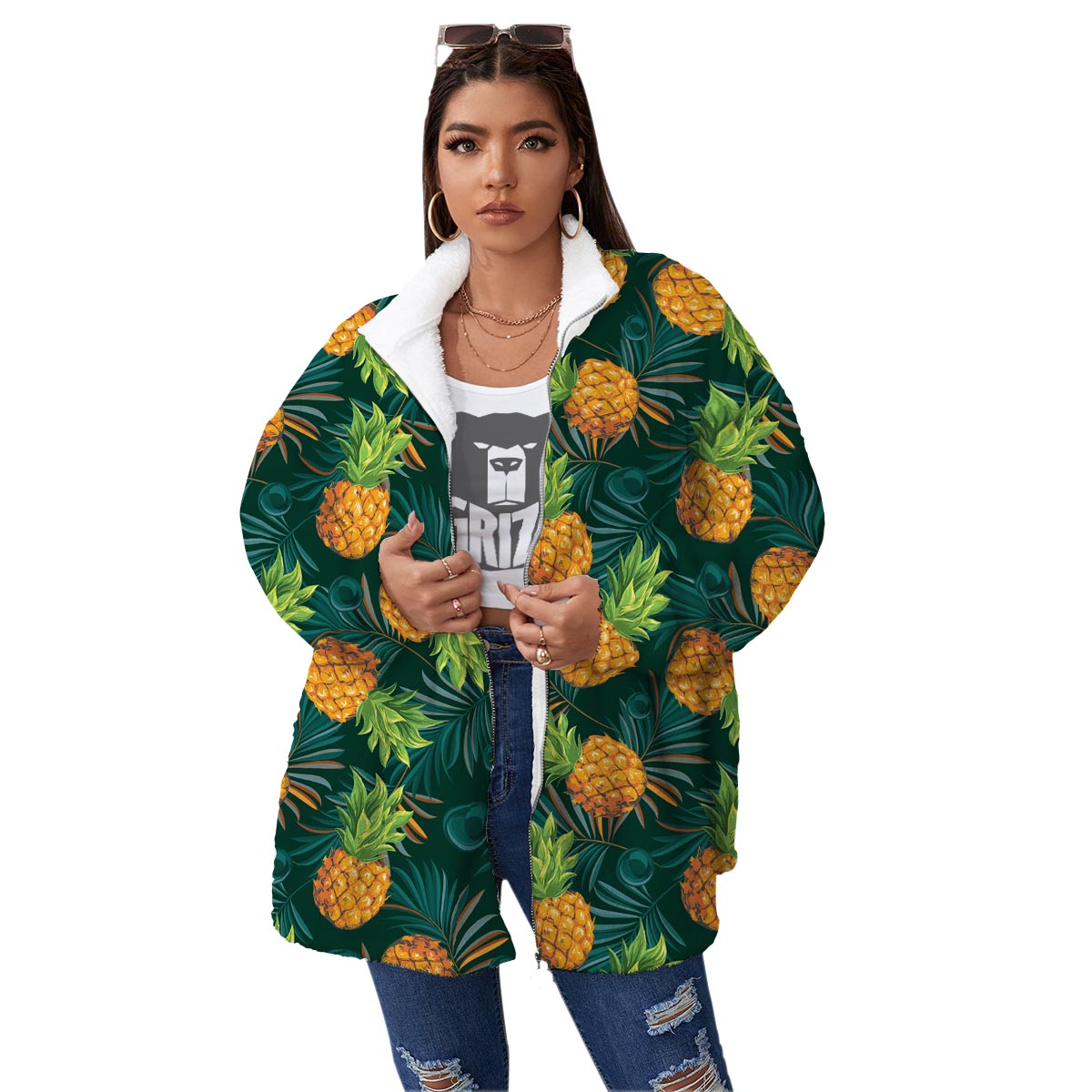 Pineapple Summer Print Pattern Women's Sherpa Jacket-grizzshop