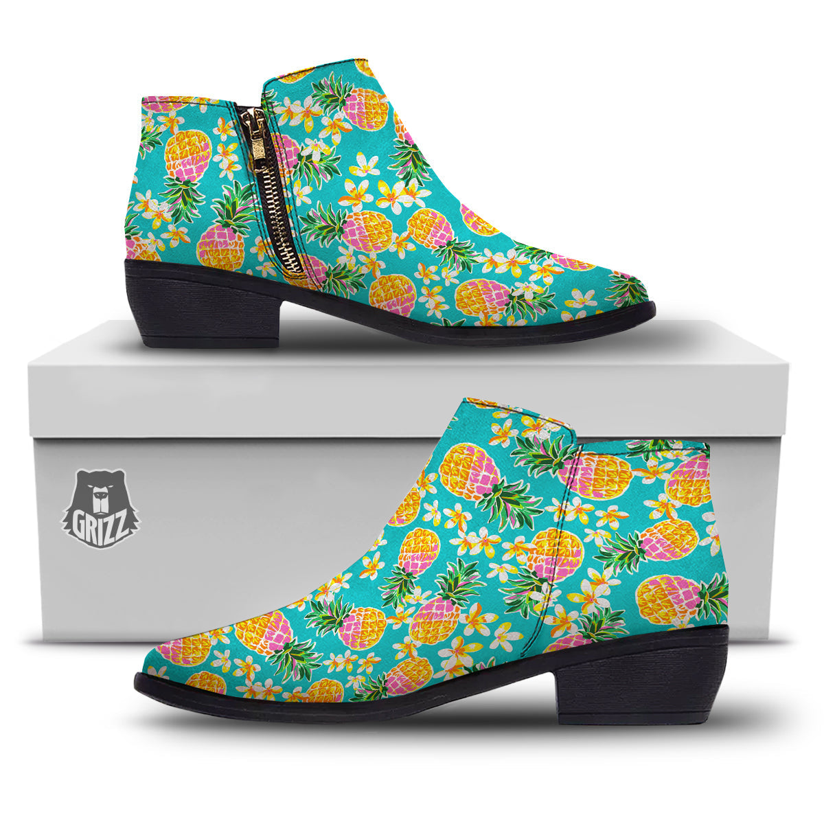 Pineapple Tropical Teal Print Pattern Ankle Boots-grizzshop