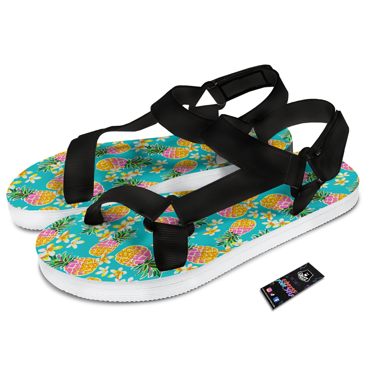 Pineapple Tropical Teal Print Pattern Black Open Toe Sandals-grizzshop
