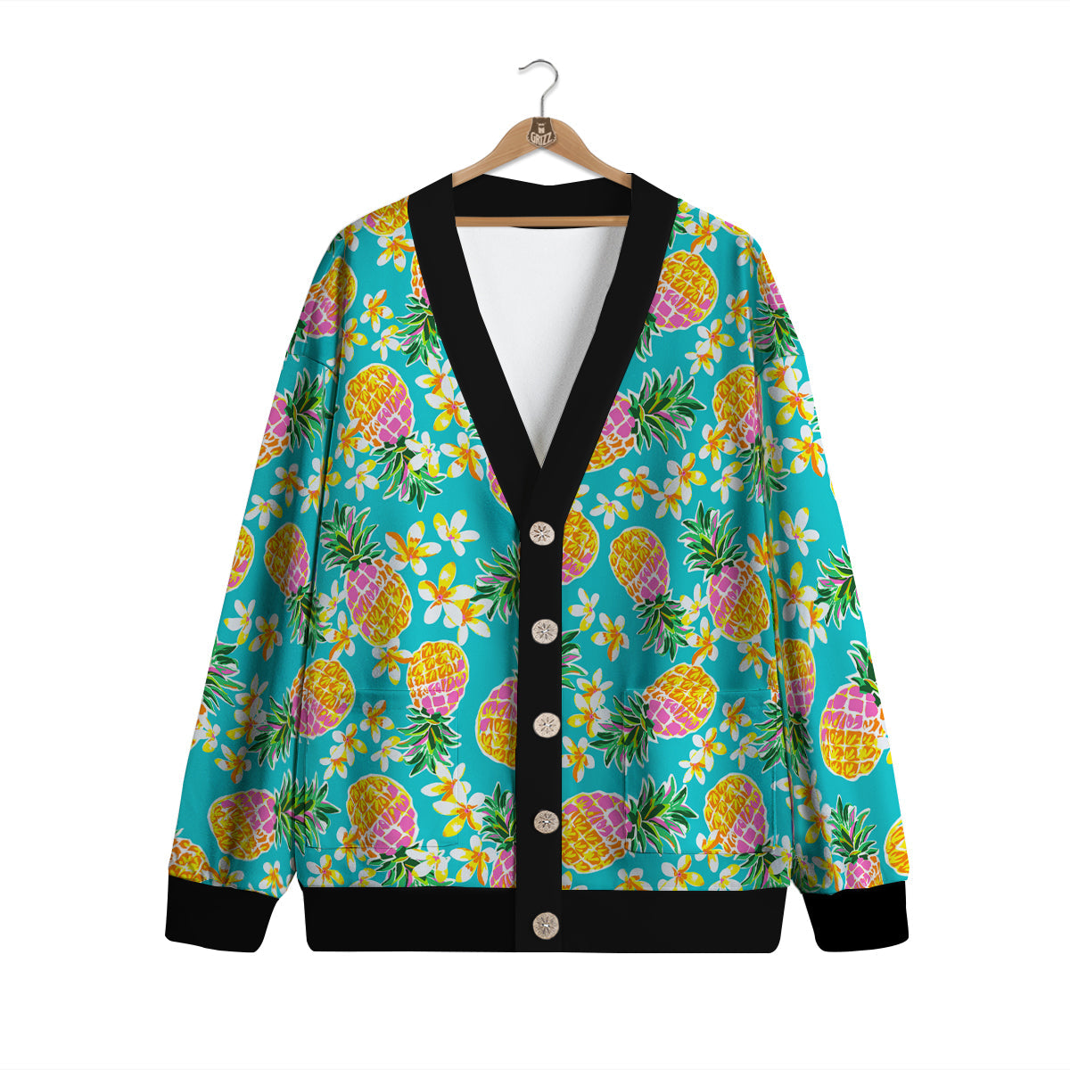 Pineapple Tropical Teal Print Pattern Cardigan-grizzshop