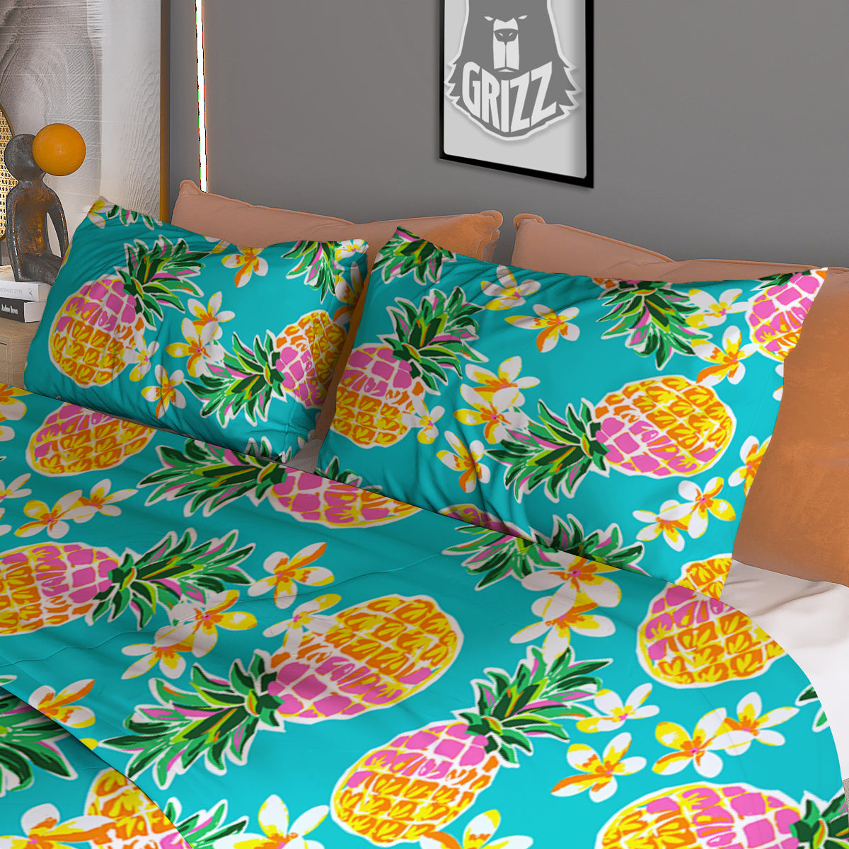 Pineapple Tropical Teal Print Pattern Duvet Cover Bedding Set-grizzshop