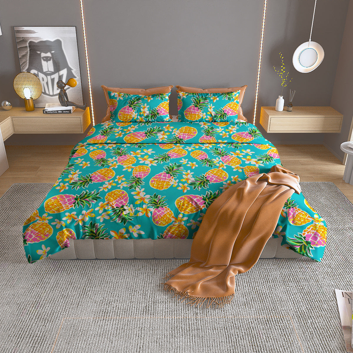 Pineapple Tropical Teal Print Pattern Duvet Cover Bedding Set-grizzshop