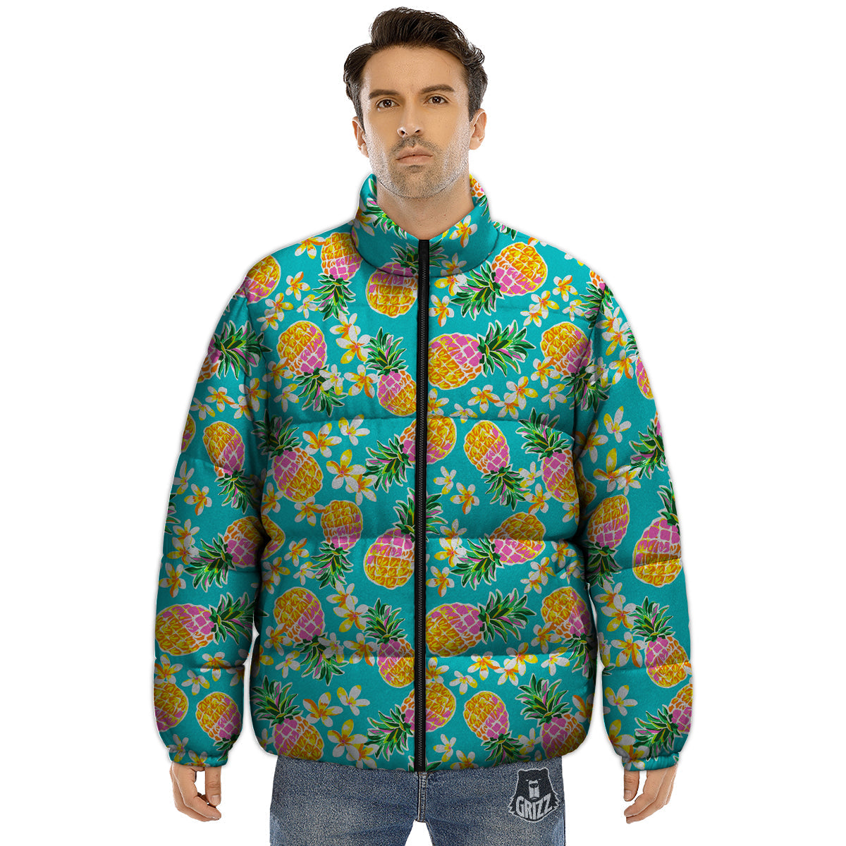 Pineapple Tropical Teal Print Pattern Puffer Jacket-grizzshop