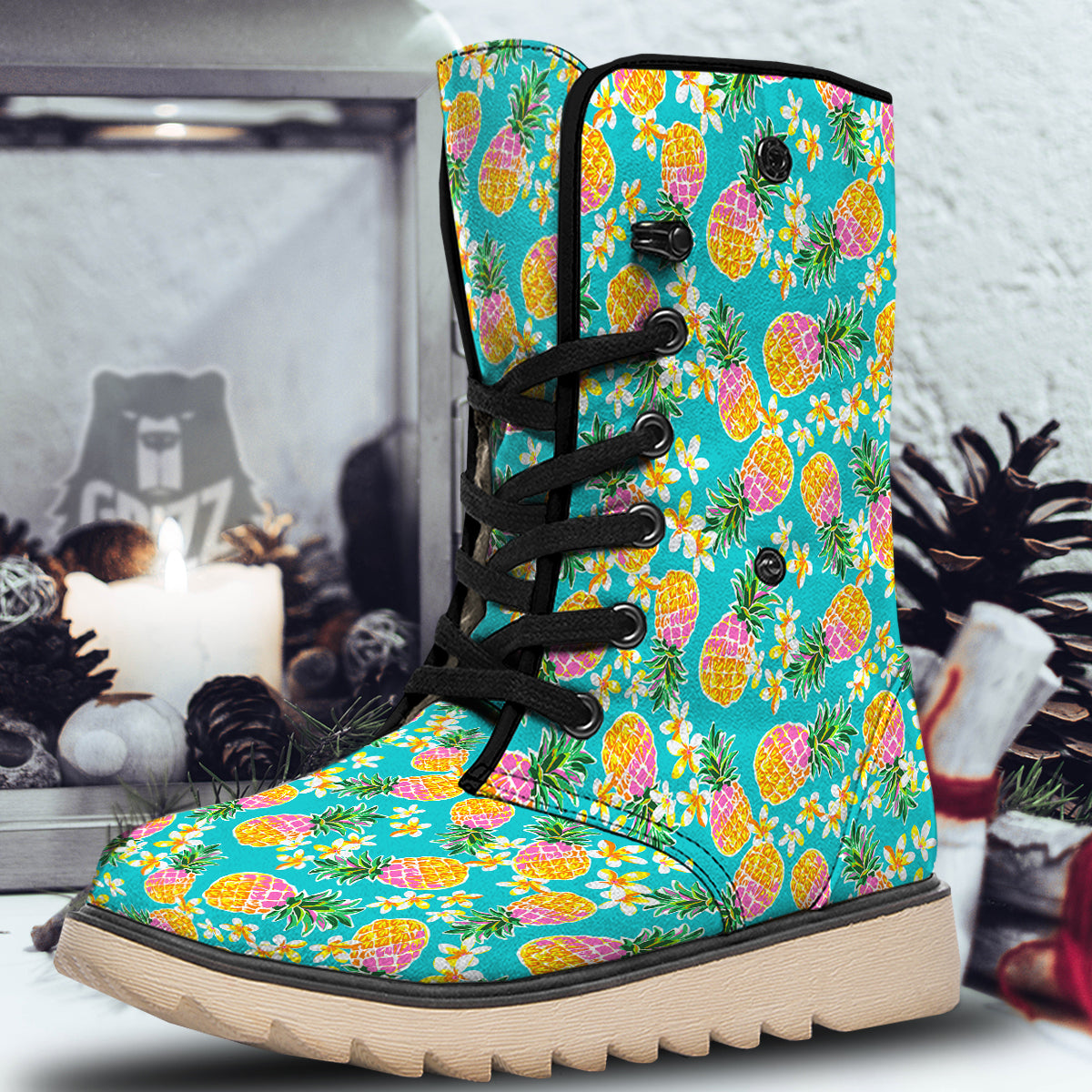 Pineapple Tropical Teal Print Pattern Snow Boots-grizzshop