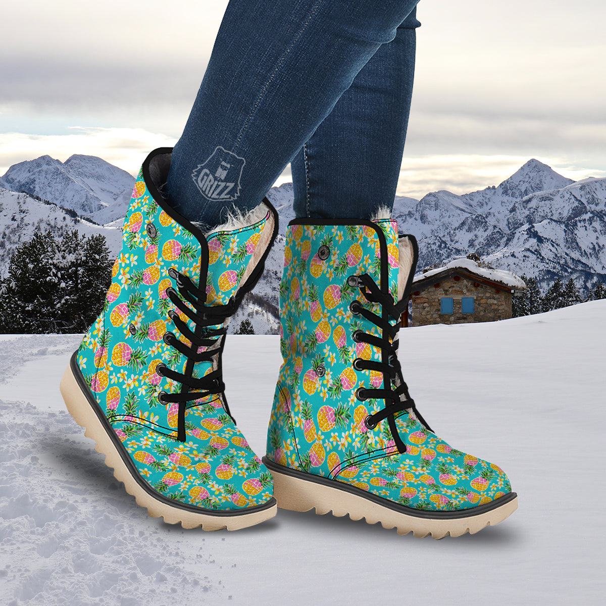 Pineapple Tropical Teal Print Pattern Snow Boots-grizzshop