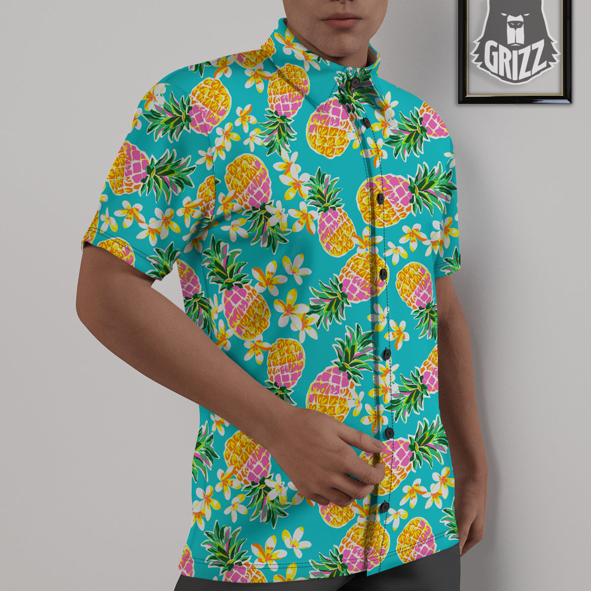 Pineapple Tropical Teal Print Pattern Untucked Shirts-grizzshop