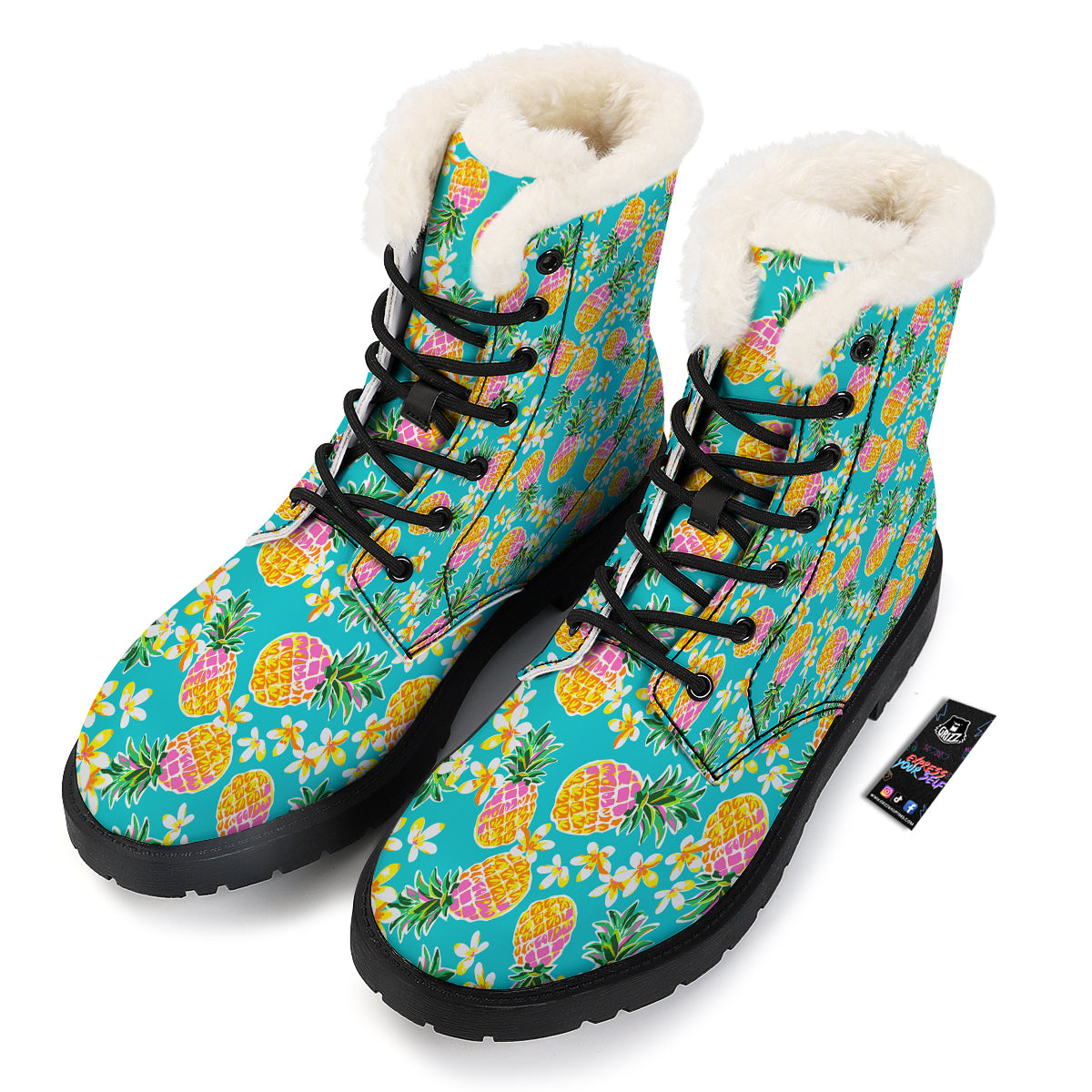 Pineapple Tropical Teal Print Pattern Winter Boots-grizzshop