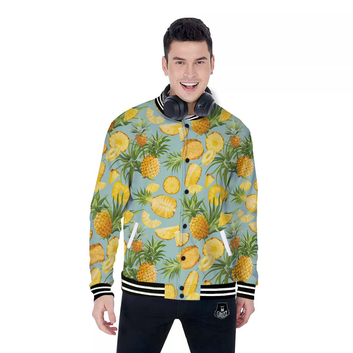 Pineapple Watercolor Print Pattern Baseball Jacket-grizzshop
