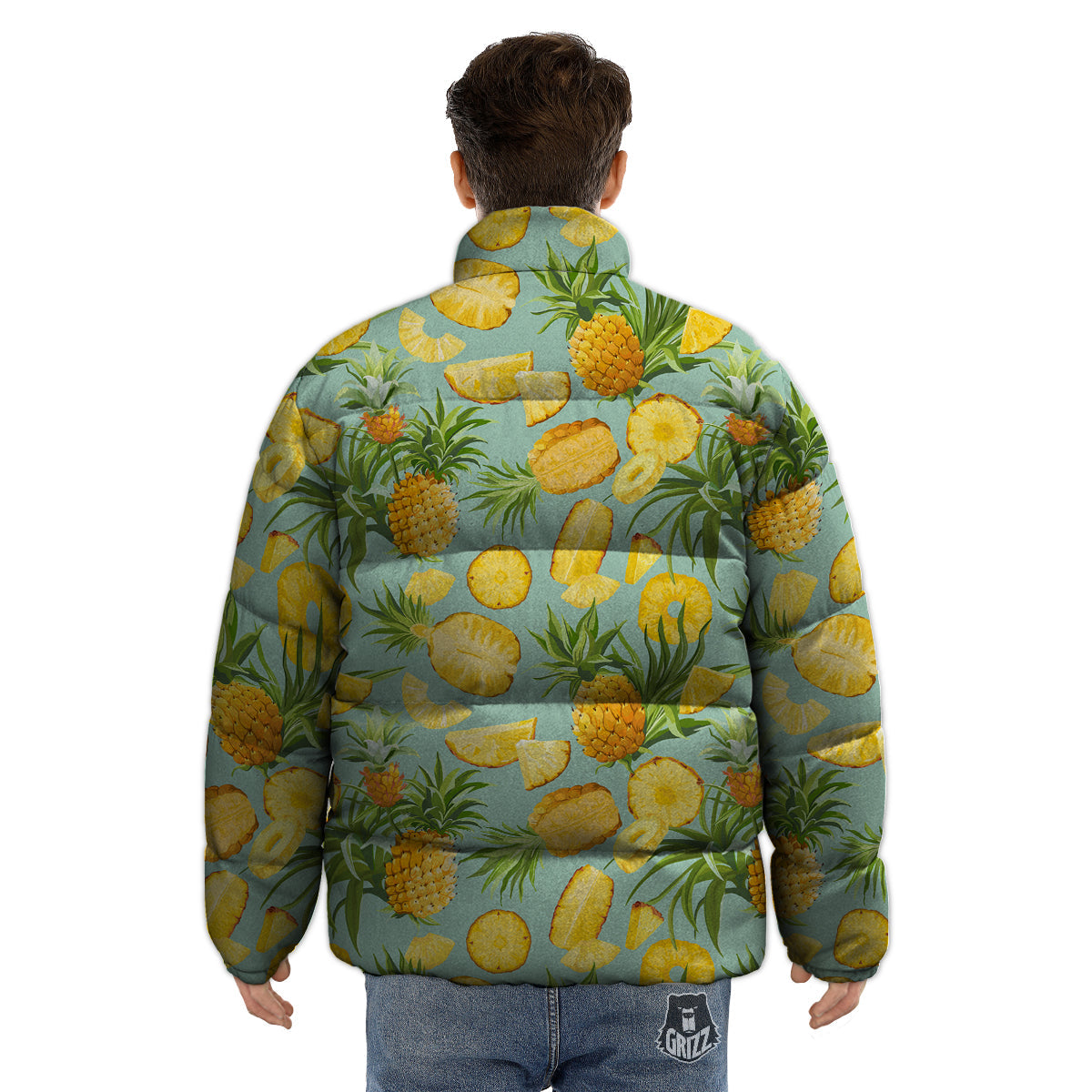 Pineapple Watercolor Print Pattern Puffer Jacket-grizzshop