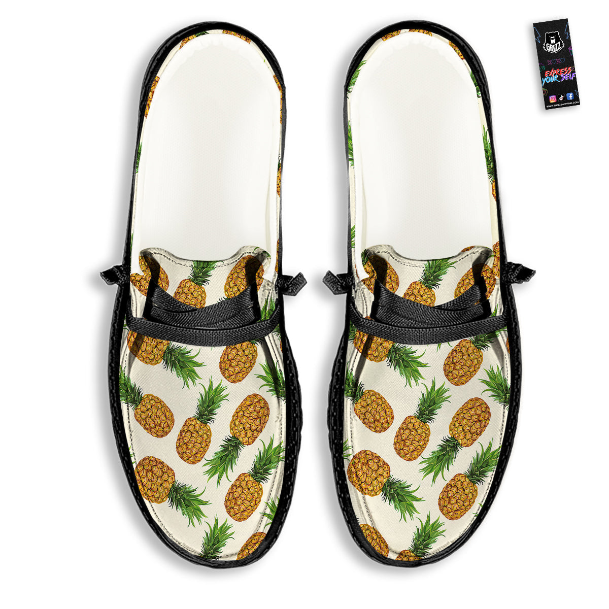 Pineapple White Print Pattern Black Loafers-grizzshop