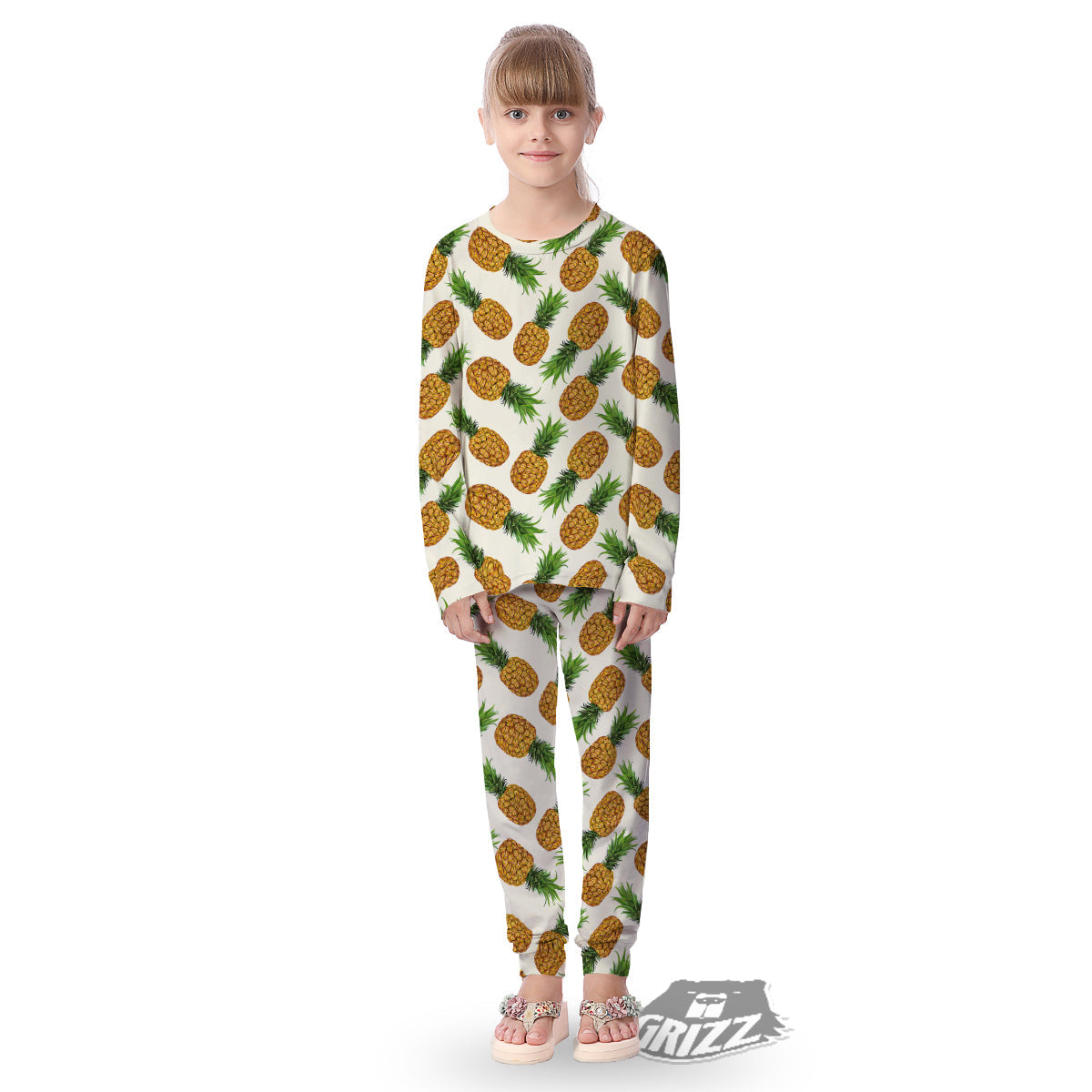 Pineapple White Print Pattern Kid's Pajamas-grizzshop