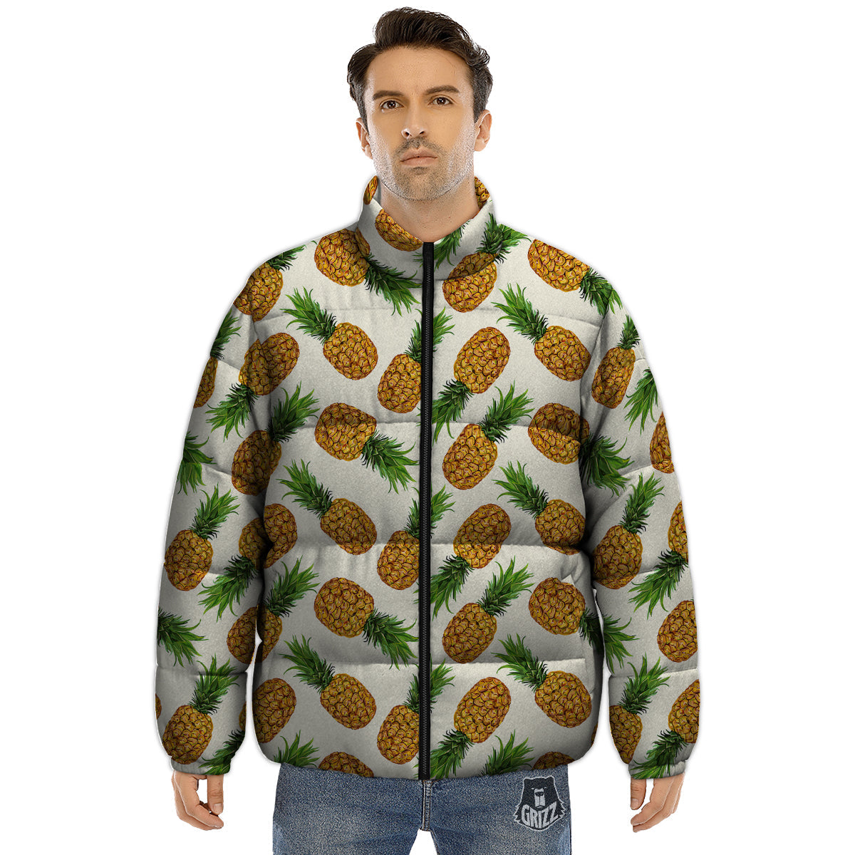 Pineapple White Print Pattern Puffer Jacket-grizzshop
