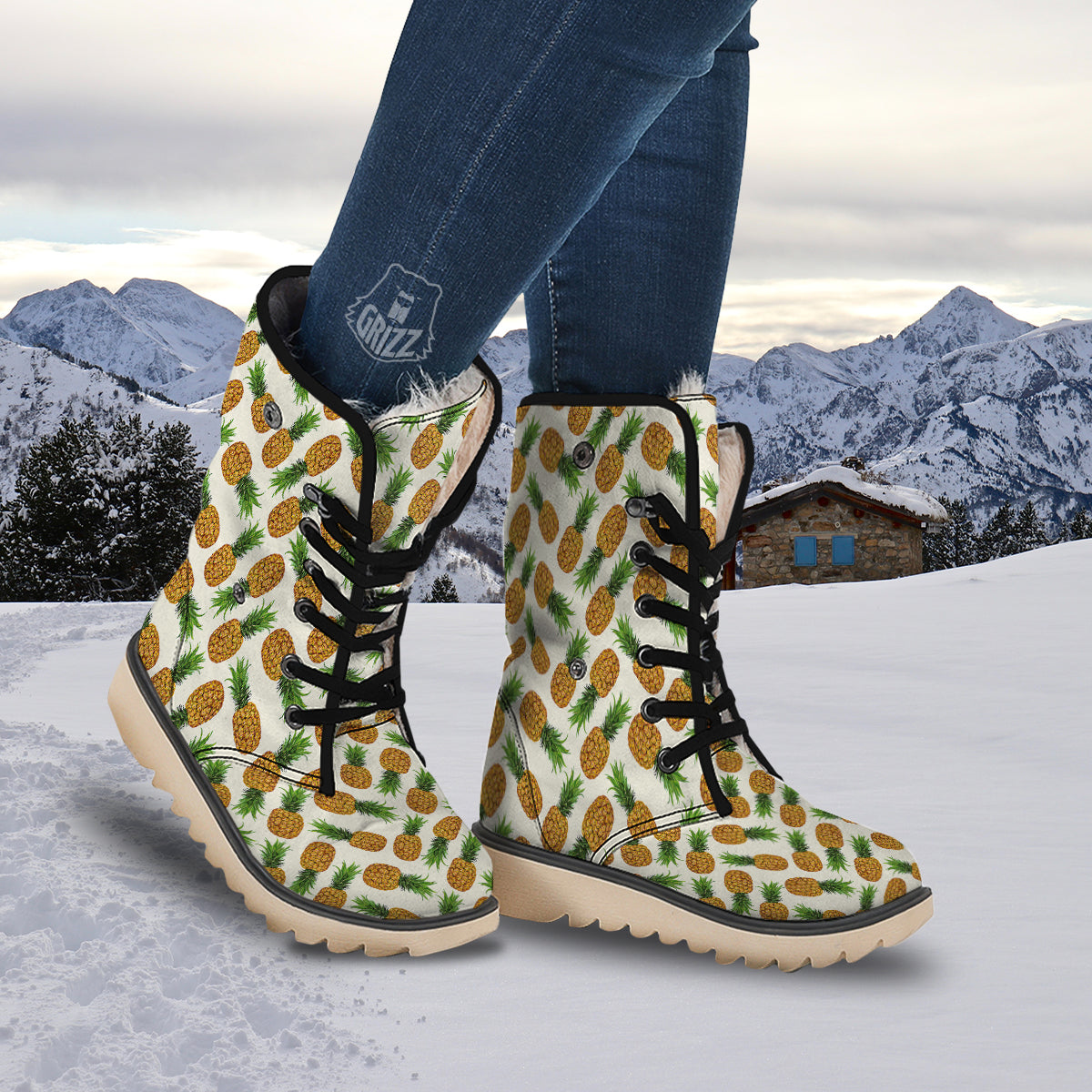 Pineapple White Print Pattern Snow Boots-grizzshop