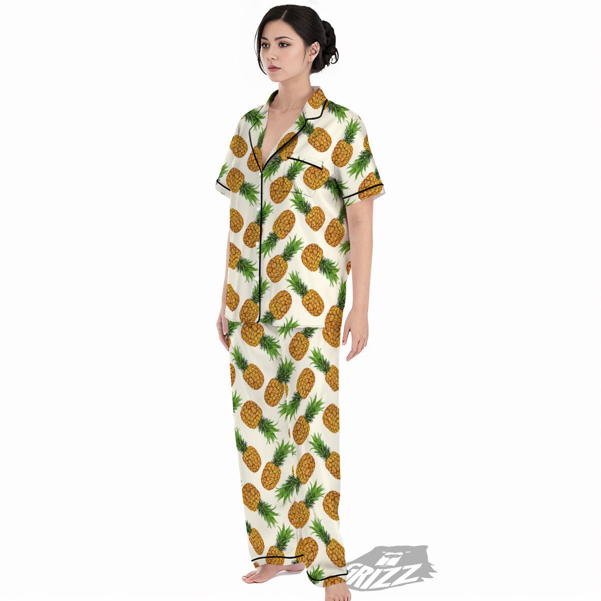Pineapple White Print Pattern Women's Pajamas Set-grizzshop