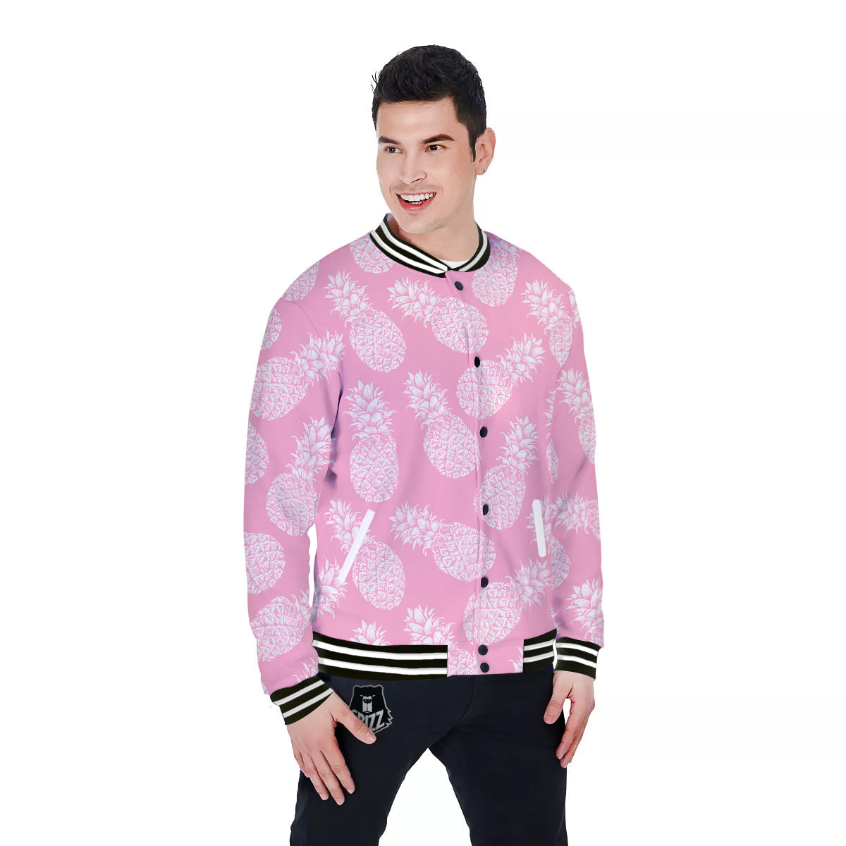 Pineapple White Summer Pink Print Pattern Baseball Jacket-grizzshop