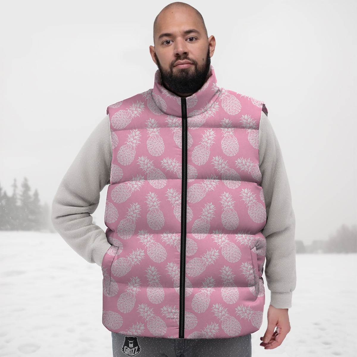 Pineapple White Summer Pink Print Pattern Down Vest-grizzshop