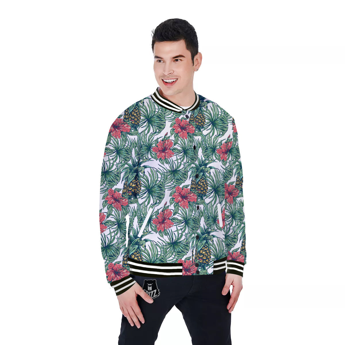 Pineapple White Tropical Print Pattern Baseball Jacket-grizzshop