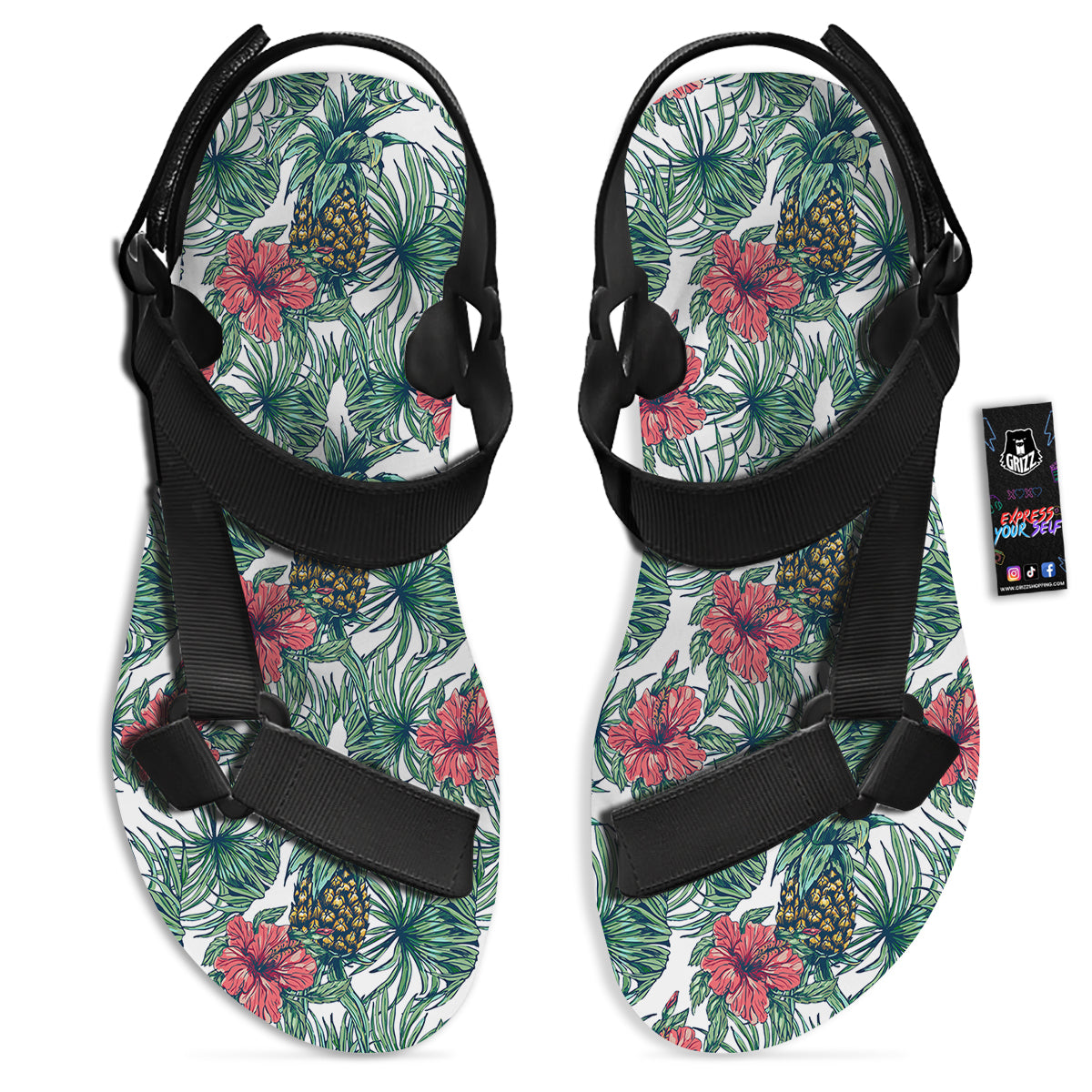 Pineapple White Tropical Print Pattern Black Open Toe Sandals-grizzshop