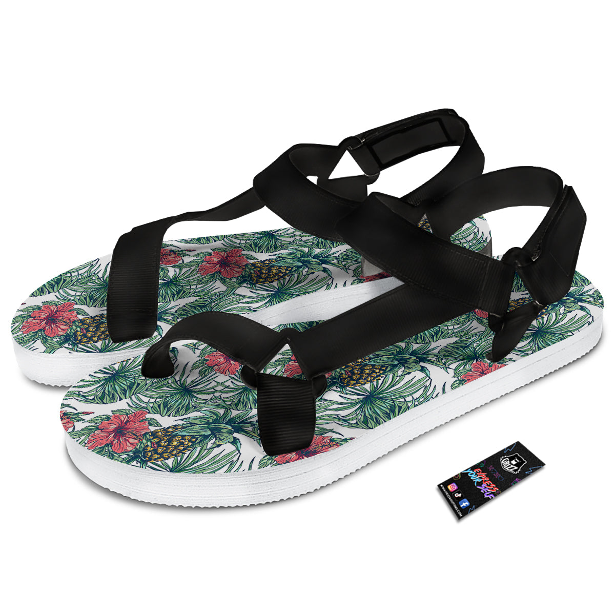 Pineapple White Tropical Print Pattern Black Open Toe Sandals-grizzshop