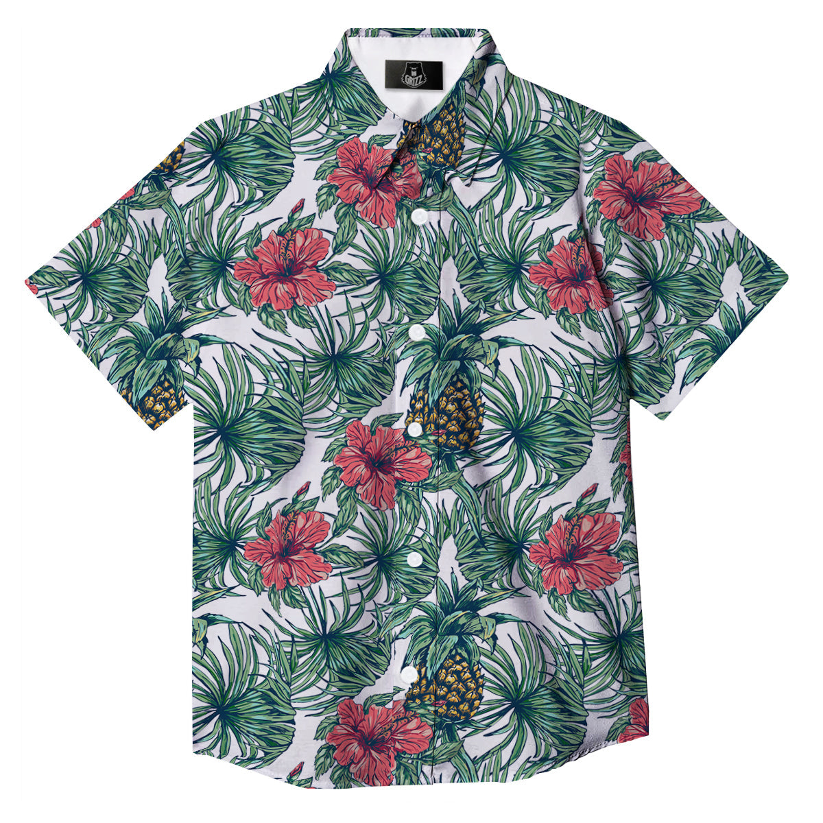 Pineapple White Tropical Print Pattern Button Up Shirt-grizzshop